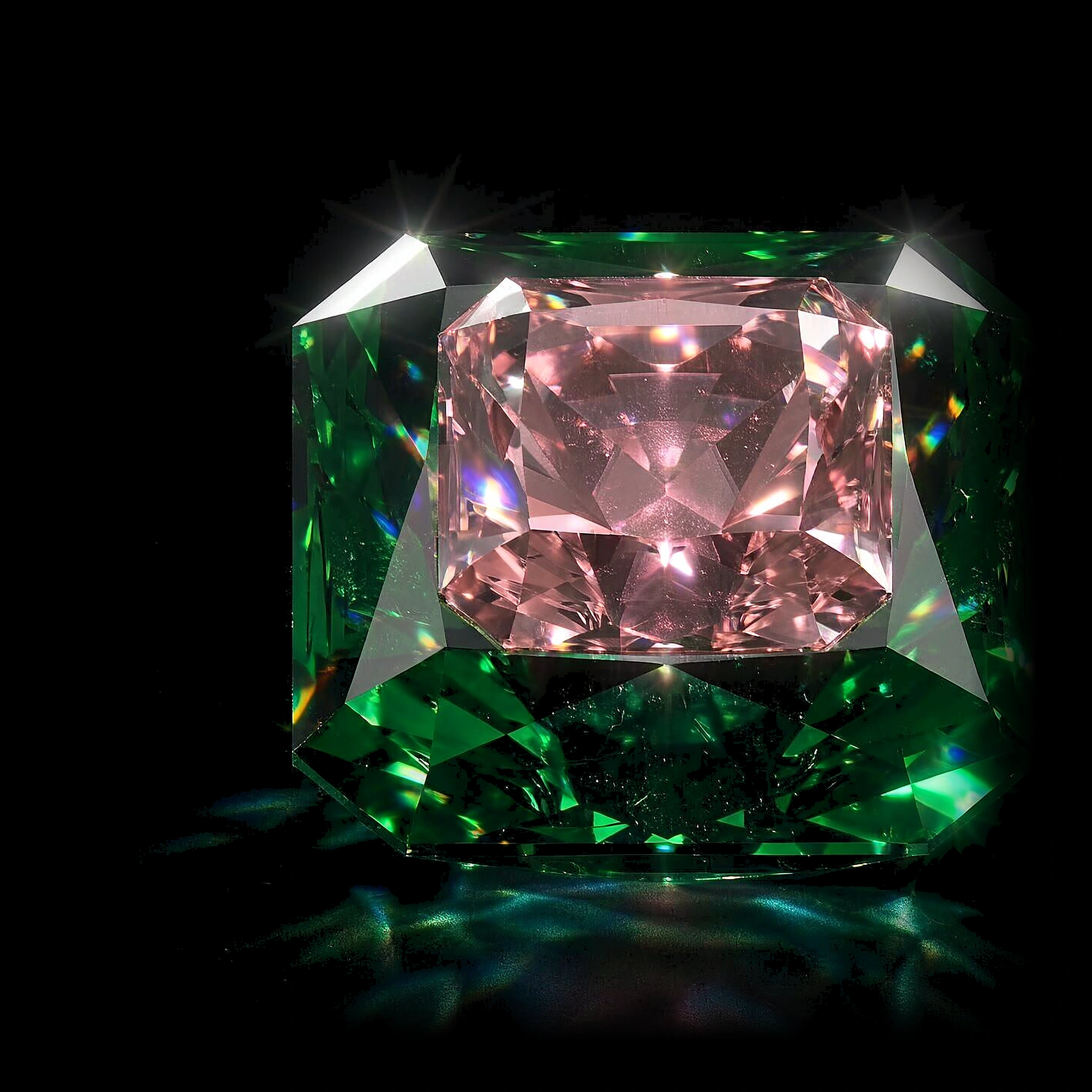 Pink and emerald green faceted diamonds